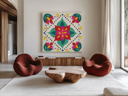 Floral Fiesta White Tile XI by Laura Marshall. Shown as extra-large giant wall art in a modern living room. Available as an archival giclee rolled canvas, fine art paper, or poster print. SKU 41530a.