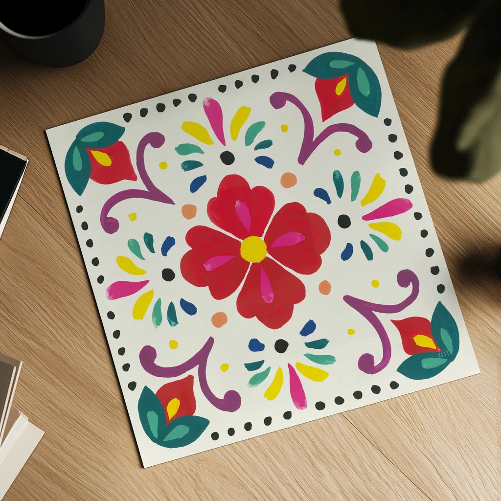 Floral Fiesta White Tile XII by Laura Marshall. Shown as a detailed flat fine art print, highlighting archival giclee quality. Available as an archival giclee rolled canvas, fine art paper, or poster print. SKU 41531a.