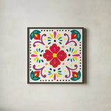Floral Fiesta White Tile XII by Laura Marshall. Shown in a sleek black glass frame for a contemporary gallery look. Available as an archival giclee rolled canvas, fine art paper, or poster print. SKU 41531a.