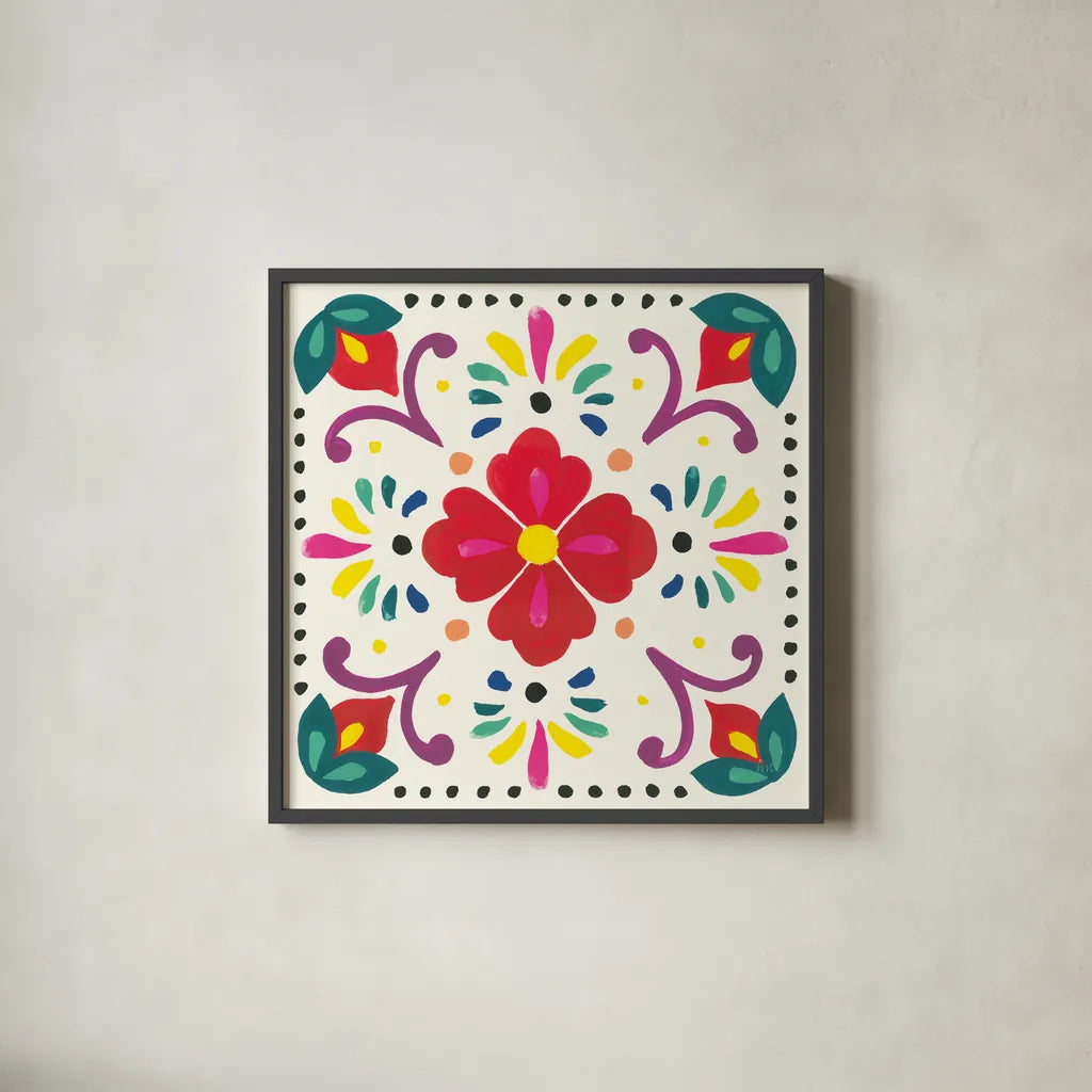 Floral Fiesta White Tile XII by Laura Marshall. Shown in a sleek black glass frame for a contemporary gallery look. Available as an archival giclee rolled canvas, fine art paper, or poster print. SKU 41531a.