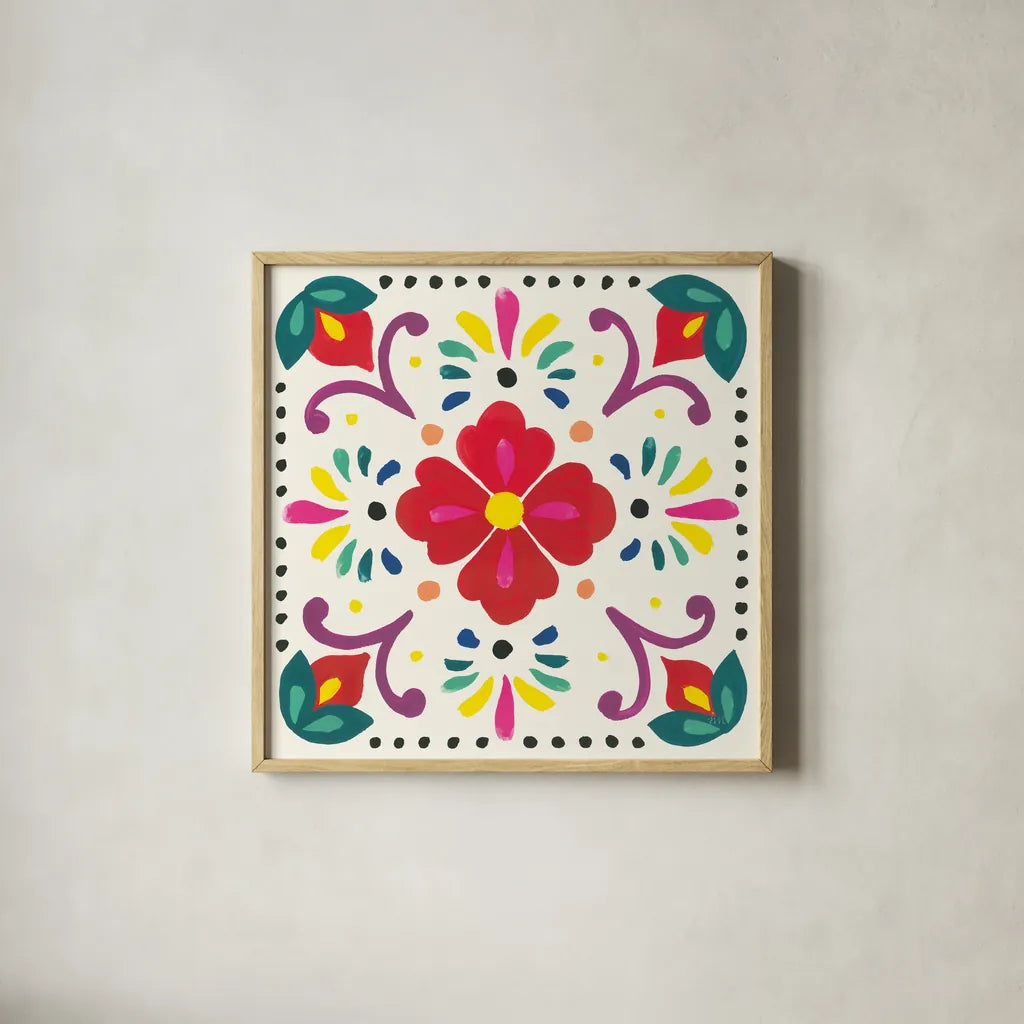 Floral Fiesta White Tile XII by Laura Marshall. Shown in a natural wood glass frame for a timeless modern aesthetic. Available as an archival giclee rolled canvas, fine art paper, or poster print. SKU 41531a.