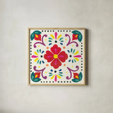 Floral Fiesta White Tile XII by Laura Marshall. Shown in a natural wood glass frame for a timeless modern aesthetic. Available as an archival giclee rolled canvas, fine art paper, or poster print. SKU 41531a.