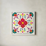 Floral Fiesta White Tile XII by Laura Marshall. Shown in a crisp white glass frame for a clean and minimalist style. Available as an archival giclee rolled canvas, fine art paper, or poster print. SKU 41531a.