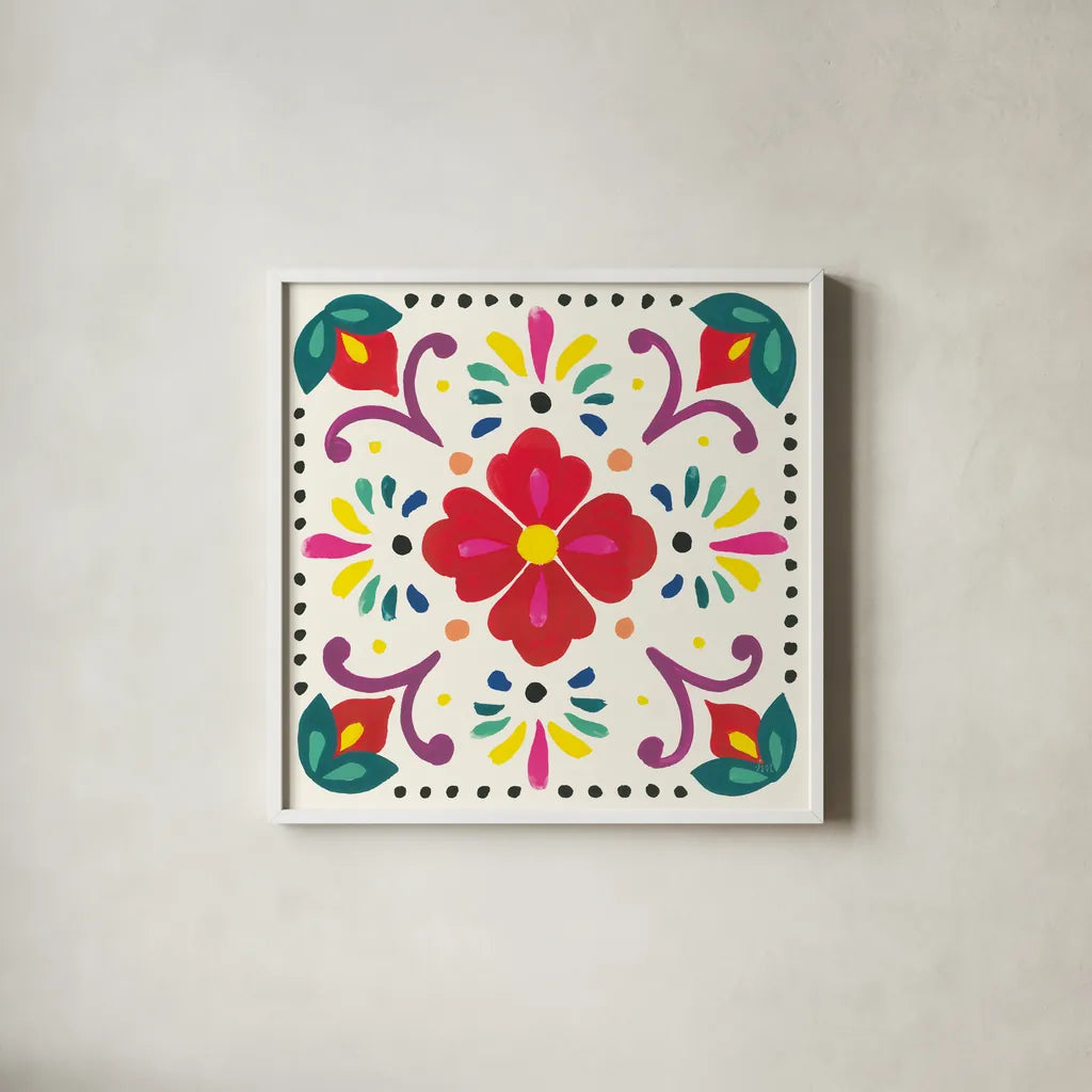 Floral Fiesta White Tile XII by Laura Marshall. Shown in a crisp white glass frame for a clean and minimalist style. Available as an archival giclee rolled canvas, fine art paper, or poster print. SKU 41531a.