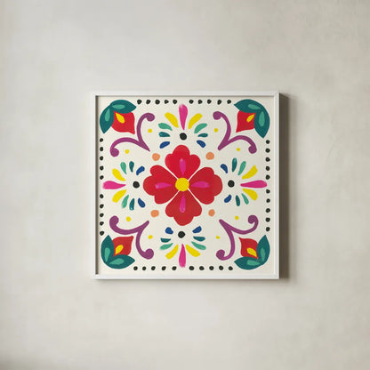 Floral Fiesta White Tile XII by Laura Marshall. Shown in a crisp white glass frame for a clean and minimalist style. Available as an archival giclee rolled canvas, fine art paper, or poster print. SKU 41531a.