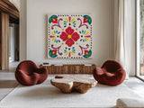 Floral Fiesta White Tile XII by Laura Marshall. Shown as extra-large giant wall art in a modern living room. Available as an archival giclee rolled canvas, fine art paper, or poster print. SKU 41531a.