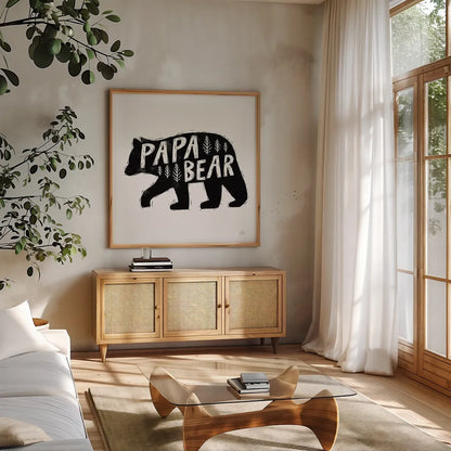 Forest Family II by Laura Marshall. Shown in a natural wood frame in a cozy modern living room. Available as an archival giclee rolled canvas, fine art paper, or poster print. SKU 68048a.