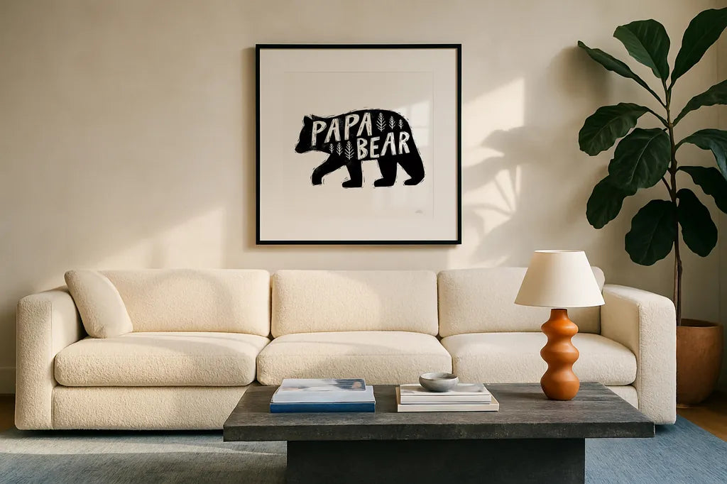 Forest Family II by Laura Marshall. Displayed in a glass frame with matte in a clean modern living room. Available as an archival giclee rolled canvas, fine art paper, or poster print. SKU 68048a.