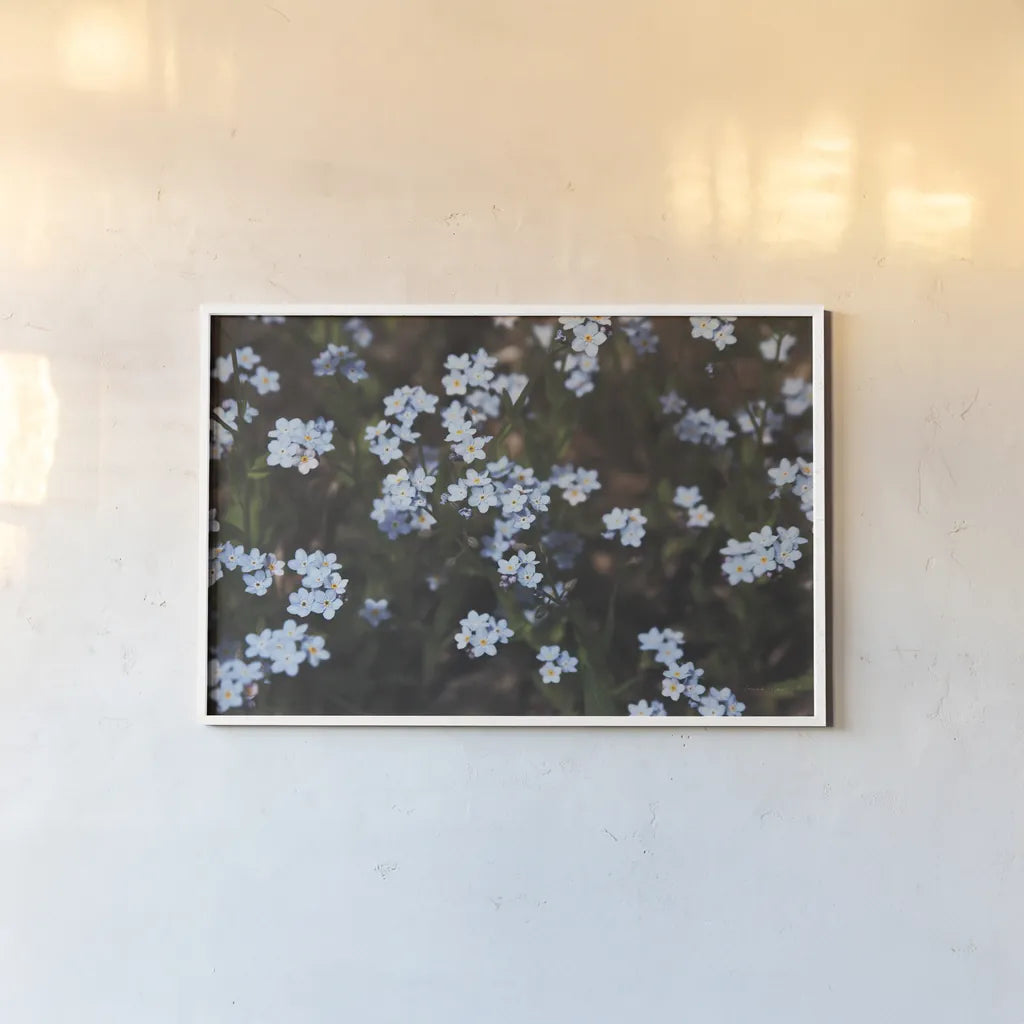 Forget Me Nots I by Laura Marshall. shown as a paper print in a white frame. Available as a archival giclee rolled canvas, fine art paper, or poster print. SKU 63259i.