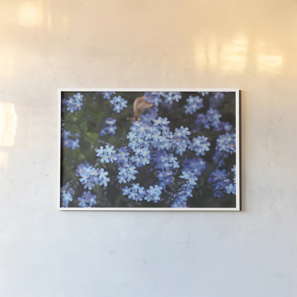 Forget Me Nots III by Laura Marshall. shown as a paper print in a white frame. Available as a archival giclee rolled canvas, fine art paper, or poster print. SKU 63261i.