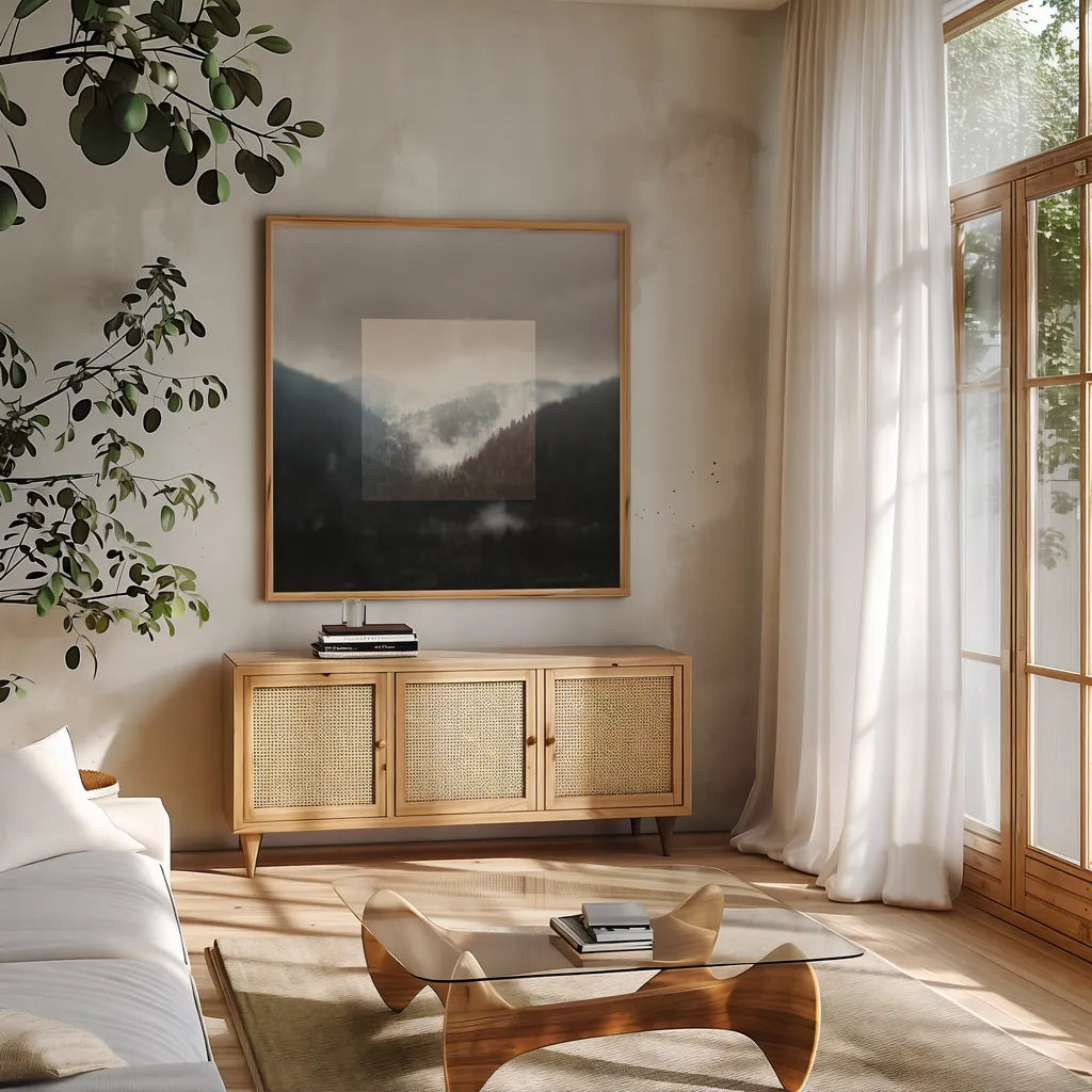 Framed Landscape I by Laura Marshall. Shown in a natural wood frame in a cozy modern living room. Available as an archival giclee rolled canvas, fine art paper, or poster print. SKU 25134a.