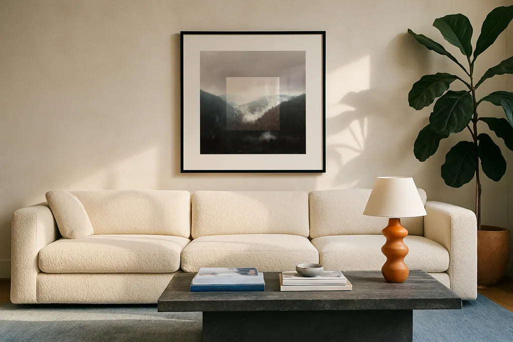 Framed Landscape I by Laura Marshall. Displayed in a glass frame with matte in a clean modern living room. Available as an archival giclee rolled canvas, fine art paper, or poster print. SKU 25134a.