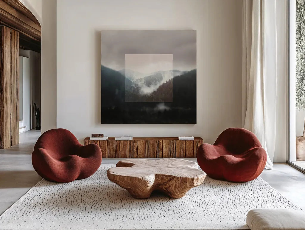 Framed Landscape I by Laura Marshall. Shown as extra-large giant wall art in a modern living room. Available as an archival giclee rolled canvas, fine art paper, or poster print. SKU 25134a.