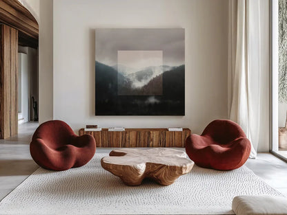 Framed Landscape I by Laura Marshall. Shown as extra-large giant wall art in a modern living room. Available as an archival giclee rolled canvas, fine art paper, or poster print. SKU 25134a.