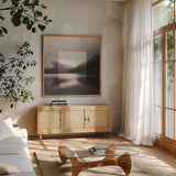 Framed Landscape II by Laura Marshall. Shown in a natural wood frame in a cozy modern living room. Available as an archival giclee rolled canvas, fine art paper, or poster print. SKU 25135a.