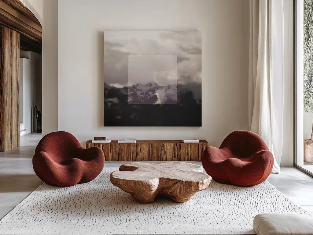 Framed Landscape IV by Laura Marshall. Shown as extra-large giant wall art in a modern living room. Available as an archival giclee rolled canvas, fine art paper, or poster print. SKU 25137a.