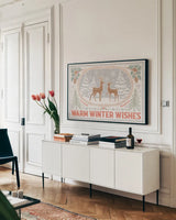 Frosty Forest I White by Laura Marshall. shown as a framed stretched canvas in a living room above a console. Available as a archival giclee rolled canvas, fine art paper, or poster print. SKU 87879i.