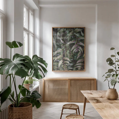 Funky Ferns II by Laura Marshall. shown as a print in a natural wood frame in a dining room. Available as a archival giclee rolled canvas, fine art paper, or poster print. SKU 39646h.
