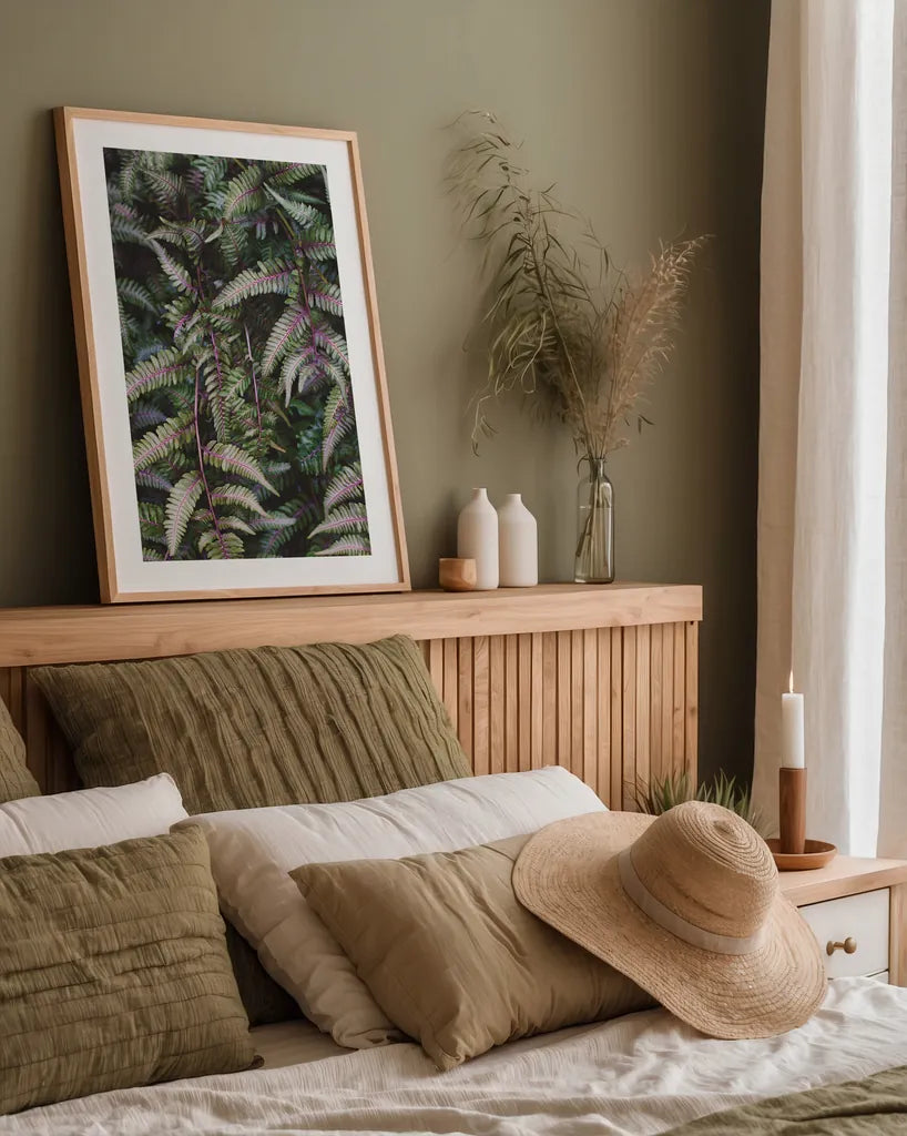 Funky Ferns II by Laura Marshall. shown as a paper print in a natural frame. Available as a archival giclee rolled canvas, fine art paper, or poster print. SKU 39646h.