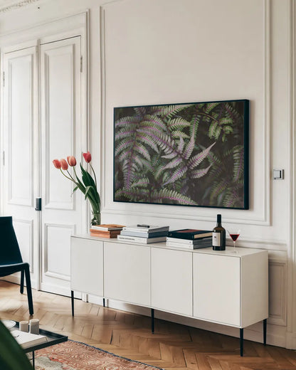 Funky Ferns III by Laura Marshall. shown as a framed stretched canvas in a living room above a console. Available as a archival giclee rolled canvas, fine art paper, or poster print. SKU 39647i.