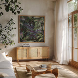 Funky Ferns V by Laura Marshall. Shown in a natural wood frame in a cozy modern living room. Available as an archival giclee rolled canvas, fine art paper, or poster print. SKU 39649a.