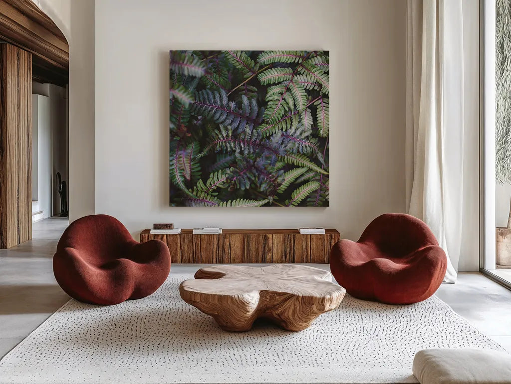 Funky Ferns V by Laura Marshall. Shown as extra-large giant wall art in a modern living room. Available as an archival giclee rolled canvas, fine art paper, or poster print. SKU 39649a.