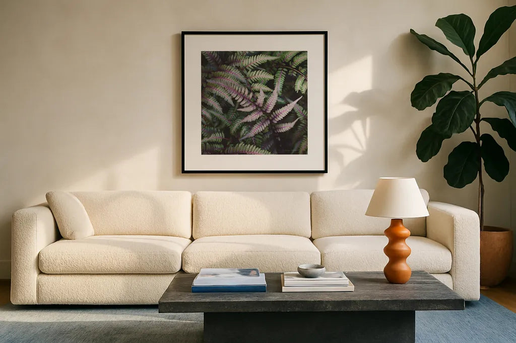 Funky Ferns VI by Laura Marshall. Displayed in a glass frame with matte in a clean modern living room. Available as an archival giclee rolled canvas, fine art paper, or poster print. SKU 39650a.