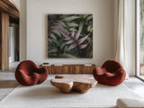 Funky Ferns VI by Laura Marshall. Shown as extra-large giant wall art in a modern living room. Available as an archival giclee rolled canvas, fine art paper, or poster print. SKU 39650a.