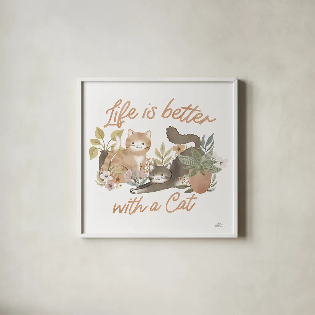 Garden Friends III by Laura Marshall. Shown in a crisp white glass frame for a clean and minimalist style. Available as an archival giclee rolled canvas, fine art paper, or poster print. SKU 89531a.