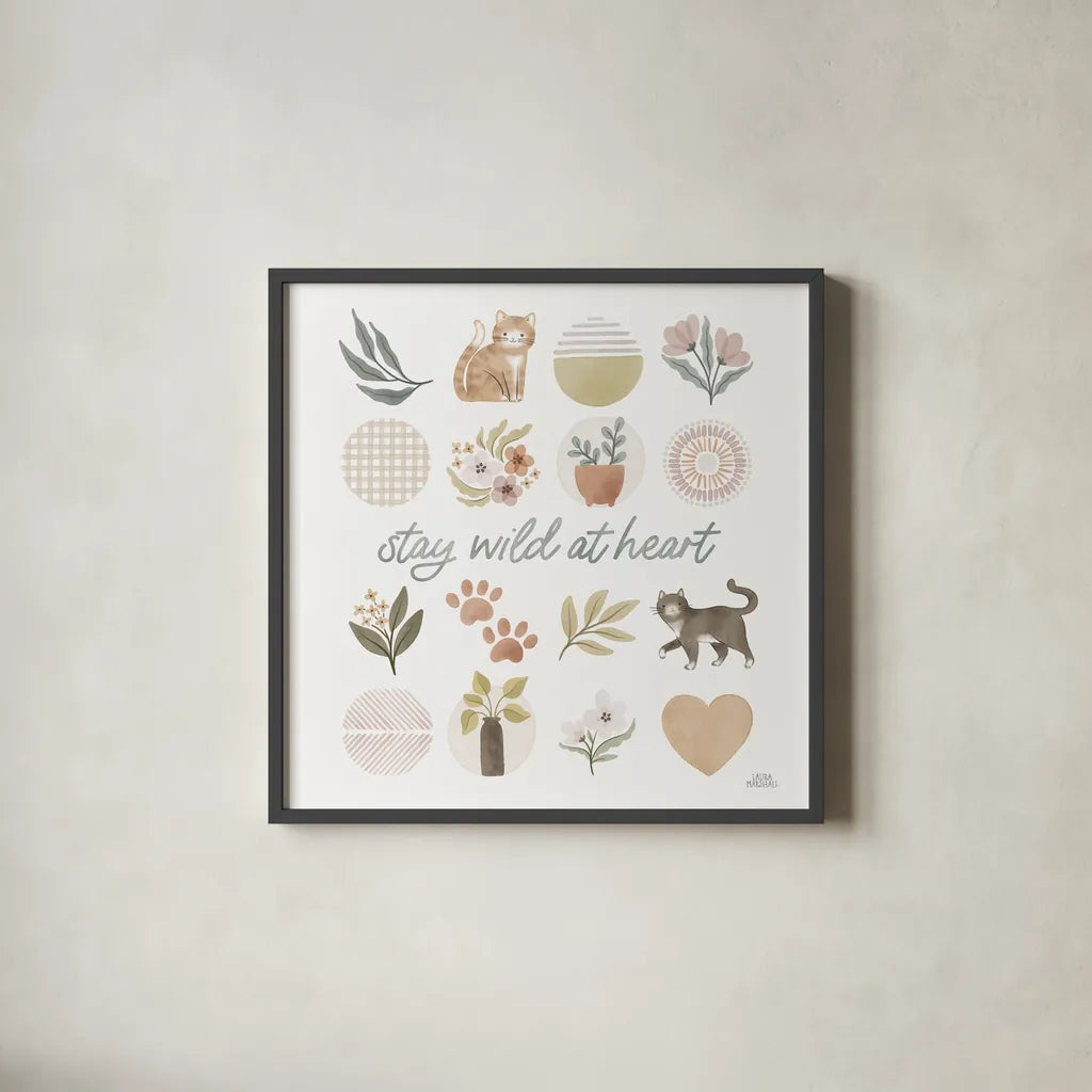 Garden Friends VII by Laura Marshall. Shown in a sleek black glass frame for a contemporary gallery look. Available as an archival giclee rolled canvas, fine art paper, or poster print. SKU 89535a.