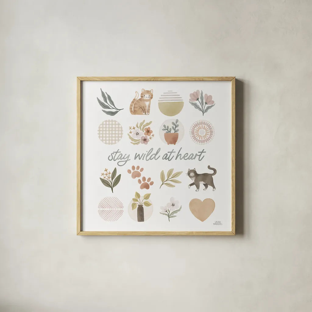 Garden Friends VII by Laura Marshall. Shown in a natural wood glass frame for a timeless modern aesthetic. Available as an archival giclee rolled canvas, fine art paper, or poster print. SKU 89535a.