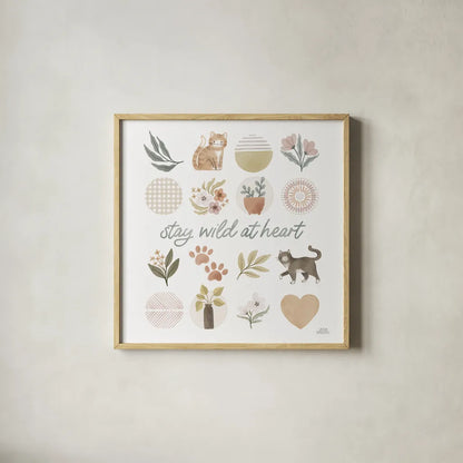 Garden Friends VII by Laura Marshall. Shown in a natural wood glass frame for a timeless modern aesthetic. Available as an archival giclee rolled canvas, fine art paper, or poster print. SKU 89535a.