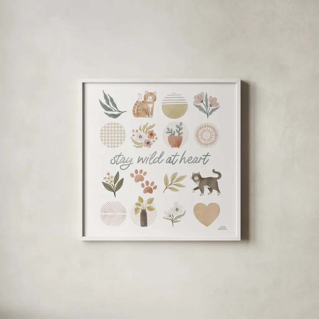 Garden Friends VII by Laura Marshall. Shown in a crisp white glass frame for a clean and minimalist style. Available as an archival giclee rolled canvas, fine art paper, or poster print. SKU 89535a.