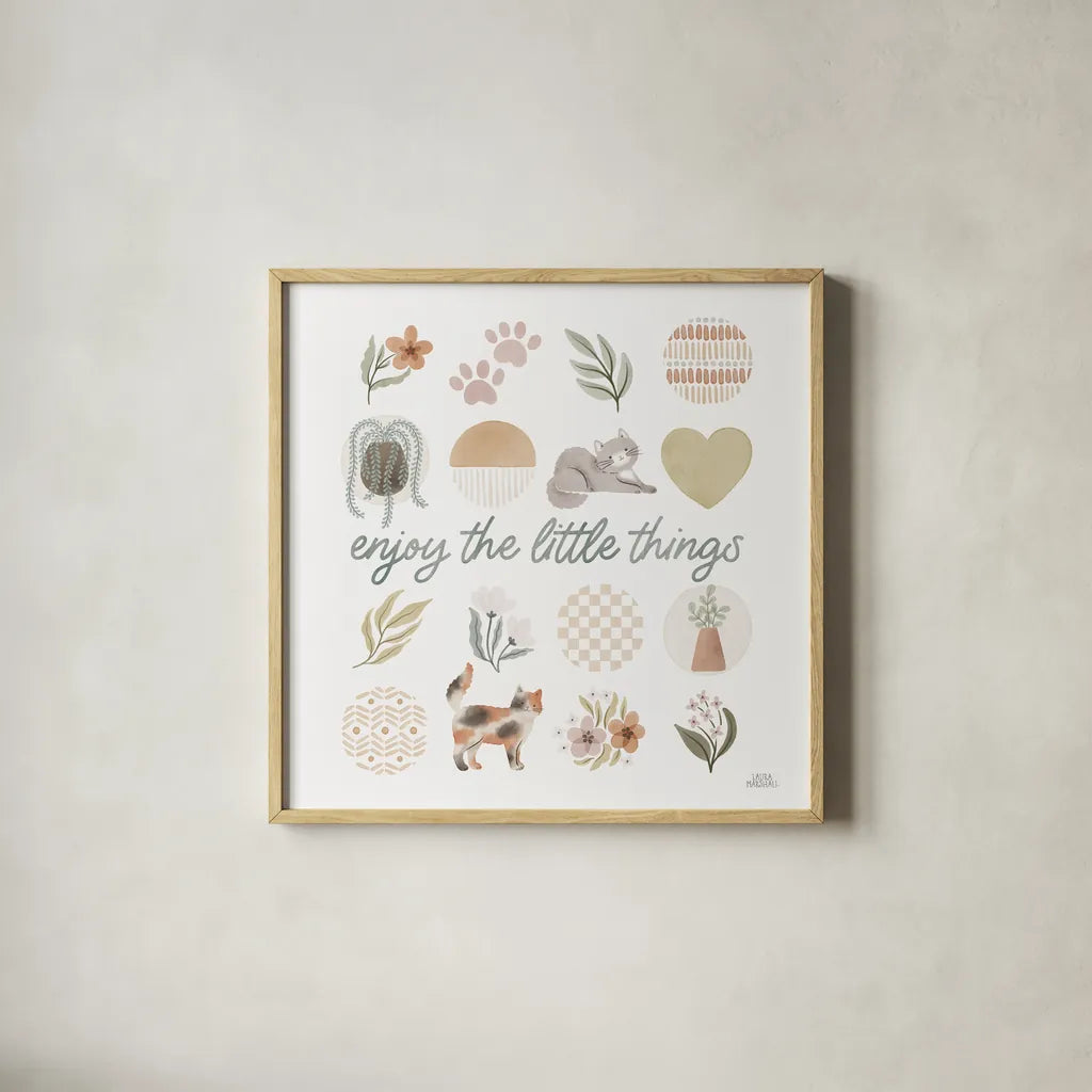 Garden Friends VIII by Laura Marshall. Shown in a natural wood glass frame for a timeless modern aesthetic. Available as an archival giclee rolled canvas, fine art paper, or poster print. SKU 89536a.