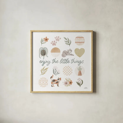 Garden Friends VIII by Laura Marshall. Shown in a natural wood glass frame for a timeless modern aesthetic. Available as an archival giclee rolled canvas, fine art paper, or poster print. SKU 89536a.