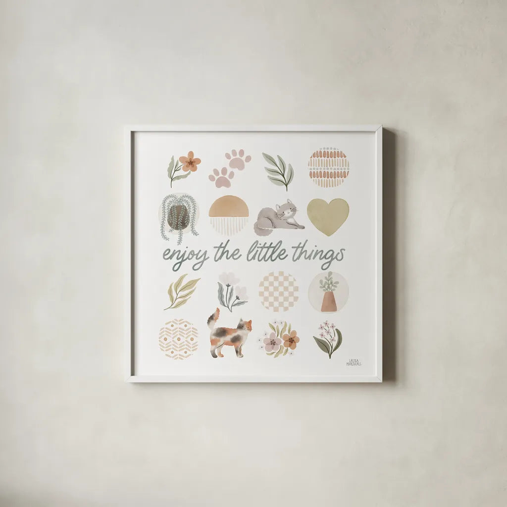 Garden Friends VIII by Laura Marshall. Shown in a crisp white glass frame for a clean and minimalist style. Available as an archival giclee rolled canvas, fine art paper, or poster print. SKU 89536a.