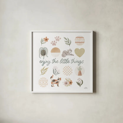 Garden Friends VIII by Laura Marshall. Shown in a crisp white glass frame for a clean and minimalist style. Available as an archival giclee rolled canvas, fine art paper, or poster print. SKU 89536a.