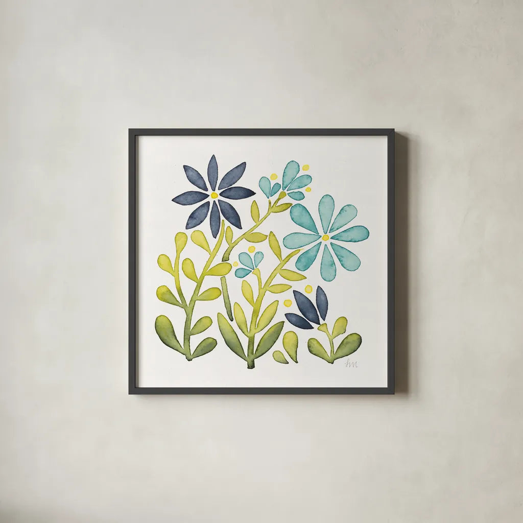 Garden Getaway Flowers II by Laura Marshall. Shown in a sleek black glass frame for a contemporary gallery look. Available as an archival giclee rolled canvas, fine art paper, or poster print. SKU 34442a.