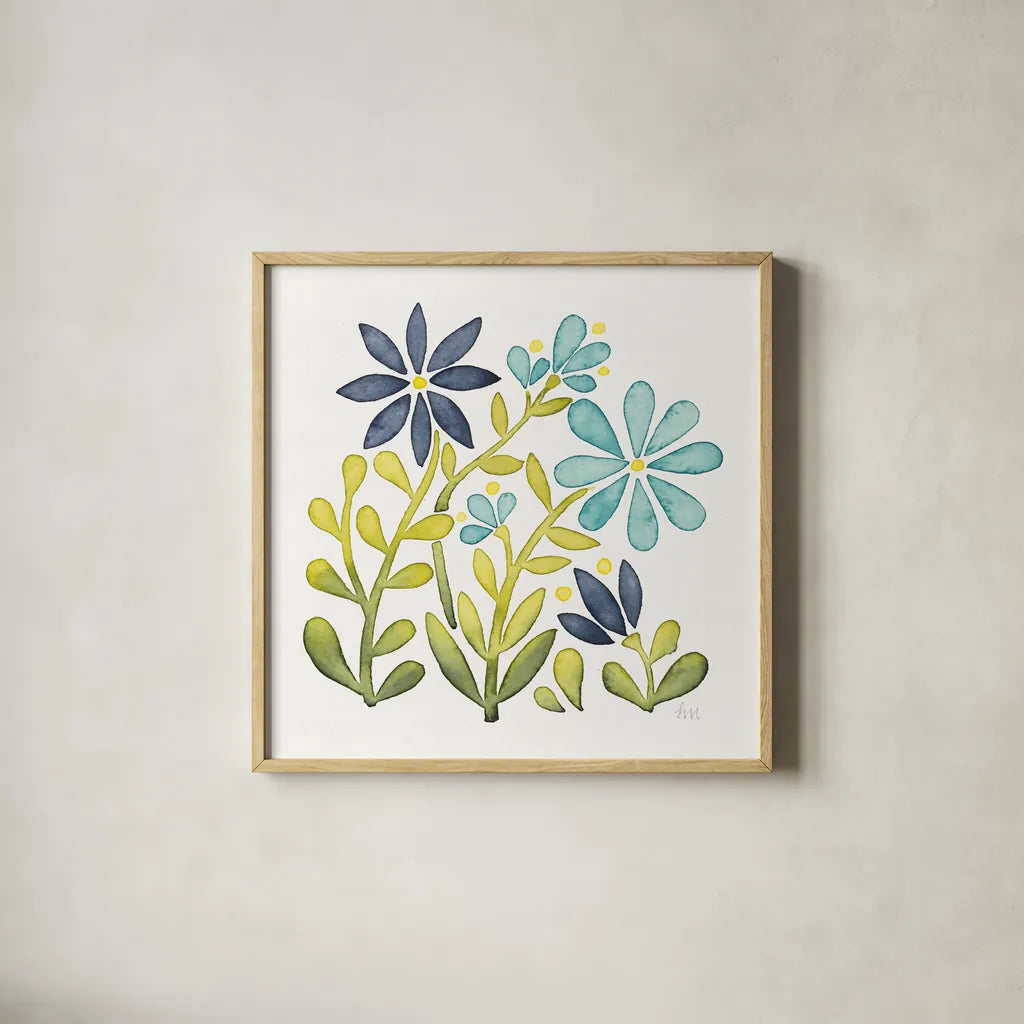 Garden Getaway Flowers II by Laura Marshall. Shown in a natural wood glass frame for a timeless modern aesthetic. Available as an archival giclee rolled canvas, fine art paper, or poster print. SKU 34442a.