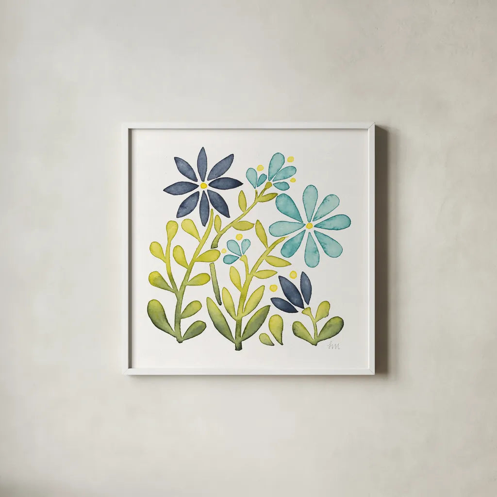 Garden Getaway Flowers II by Laura Marshall. Shown in a crisp white glass frame for a clean and minimalist style. Available as an archival giclee rolled canvas, fine art paper, or poster print. SKU 34442a.