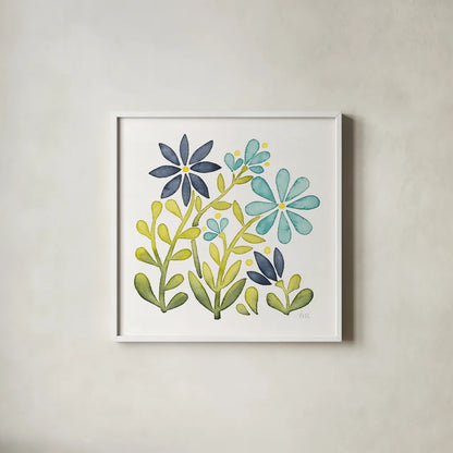 Garden Getaway Flowers II by Laura Marshall. Shown in a crisp white glass frame for a clean and minimalist style. Available as an archival giclee rolled canvas, fine art paper, or poster print. SKU 34442a.