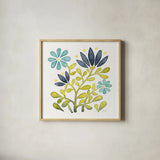 Garden Getaway Flowers III by Laura Marshall. Shown in a natural wood glass frame for a timeless modern aesthetic. Available as an archival giclee rolled canvas, fine art paper, or poster print. SKU 34443a.