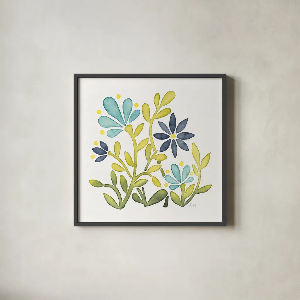 Garden Getaway Flowers IV by Laura Marshall. Shown in a sleek black glass frame for a contemporary gallery look. Available as an archival giclee rolled canvas, fine art paper, or poster print. SKU 34444a.