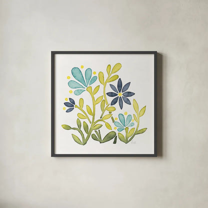 Garden Getaway Flowers IV by Laura Marshall. Shown in a sleek black glass frame for a contemporary gallery look. Available as an archival giclee rolled canvas, fine art paper, or poster print. SKU 34444a.