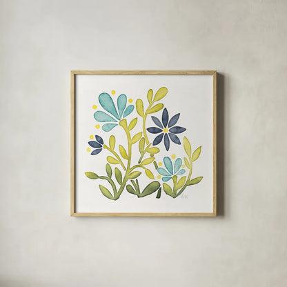 Garden Getaway Flowers IV by Laura Marshall. Shown in a natural wood glass frame for a timeless modern aesthetic. Available as an archival giclee rolled canvas, fine art paper, or poster print. SKU 34444a.