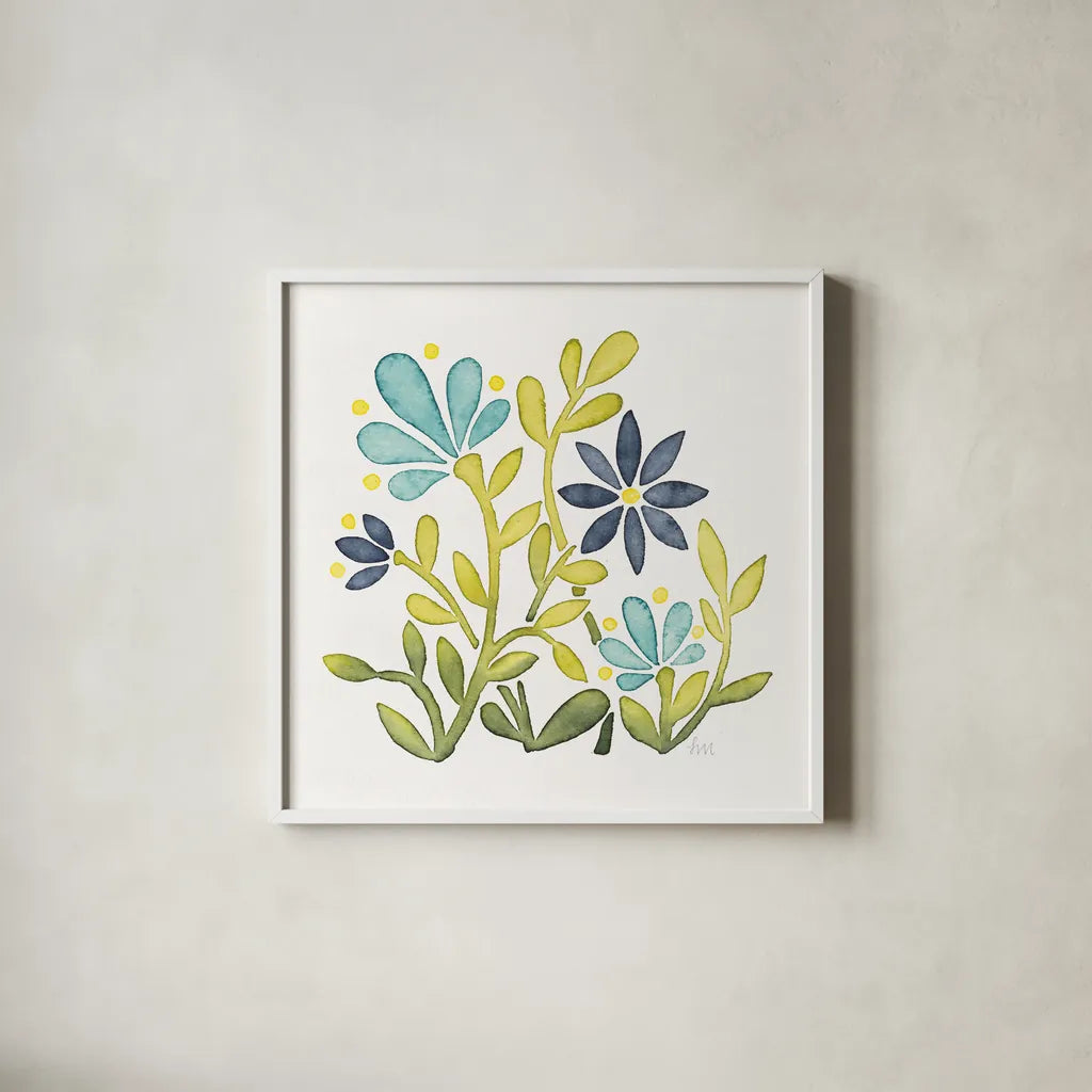 Garden Getaway Flowers IV by Laura Marshall. Shown in a crisp white glass frame for a clean and minimalist style. Available as an archival giclee rolled canvas, fine art paper, or poster print. SKU 34444a.