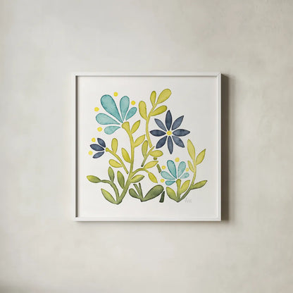 Garden Getaway Flowers IV by Laura Marshall. Shown in a crisp white glass frame for a clean and minimalist style. Available as an archival giclee rolled canvas, fine art paper, or poster print. SKU 34444a.