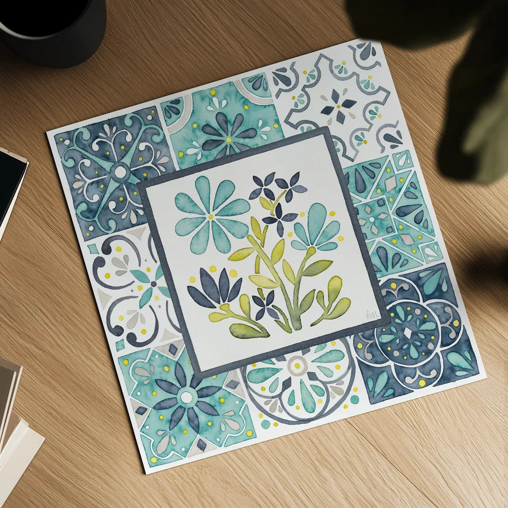 Garden Getaway Patchwork I by Laura Marshall. Shown as a detailed flat fine art print, highlighting archival giclee quality. Available as an archival giclee rolled canvas, fine art paper, or poster print. SKU 34449a.