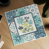 Garden Getaway Patchwork I by Laura Marshall. Shown as a detailed flat fine art print, highlighting archival giclee quality. Available as an archival giclee rolled canvas, fine art paper, or poster print. SKU 34449a.