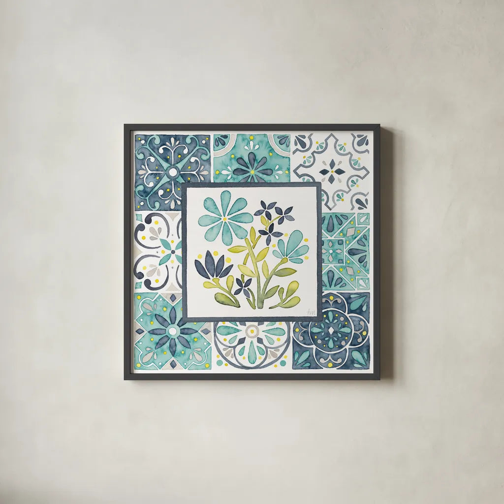 Garden Getaway Patchwork I by Laura Marshall. Shown in a sleek black glass frame for a contemporary gallery look. Available as an archival giclee rolled canvas, fine art paper, or poster print. SKU 34449a.